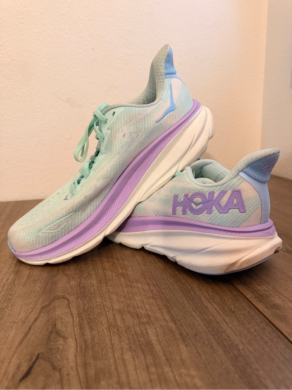 Hoka One One clifton womens Mint and Lavender Running Sneakers